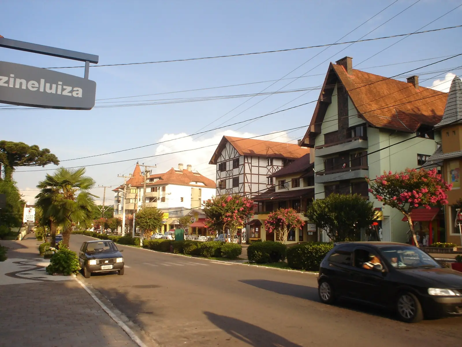Avenida XV de Novembro, com casas de telhado inclinado e jardins floridos